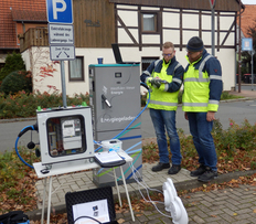 Zwei Eichbedienstete mit gelben Warnwesten mit Messequipment vor einer grauen Ladesäule für Elektrofahrzeuge neben einem Parkschild