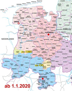 Ein Ausschnitt der Niedersachsenkarte mit den verschiedenfarbigen Eichbezirken Osnabrück, Emden und Oldenburg und den gelb markierten Gemeinden, die seit dem 01.01.2020 zu einem anderen Eichbezirk gehören