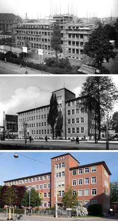 3 Bilder untereinander auf denen das Gebäude des Merss-und Eichwesen in der Entstehung zu sehen ist, die oberen beiden Bilder sind in schwarz-weiß