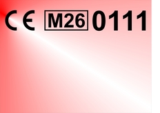 auf rotem Hintergrund steht in schwarzen buchstaben CE M26 0111