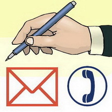 Illustration einer Hand mit blauem Stift, Briefumschlag und Telefonhörersymbol