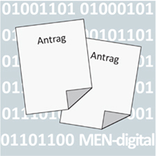 zwei weiße Blätter mit Aufschrift Antrag vor binärer Zahlenfolge.