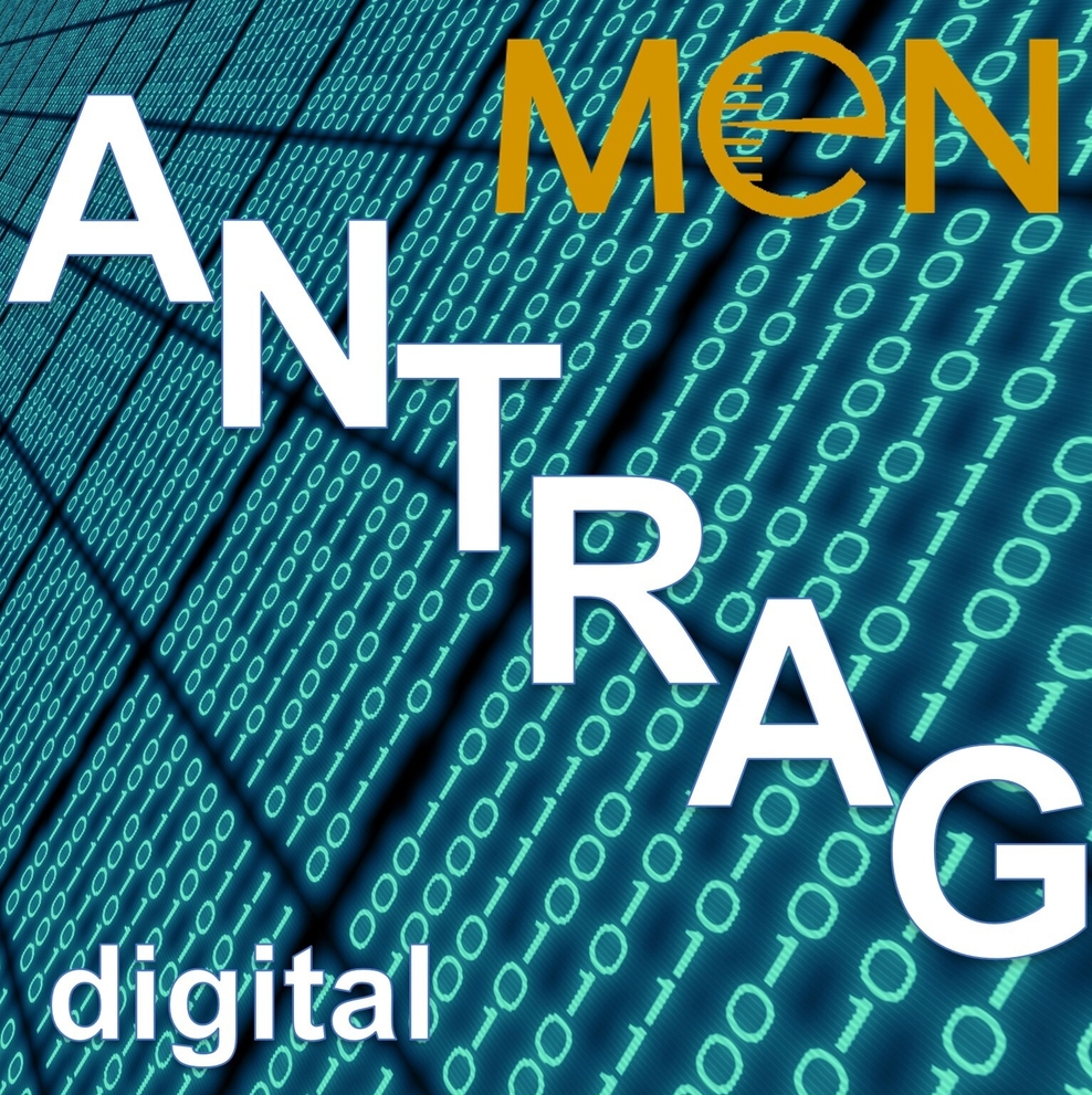 Text "MEN-Antrag digital" auf Feld von Zahlenmatrix von 0 und 1